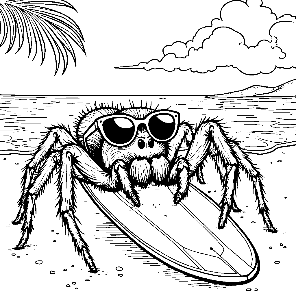 A spider wearing sunglasses on the beach with a surfboard