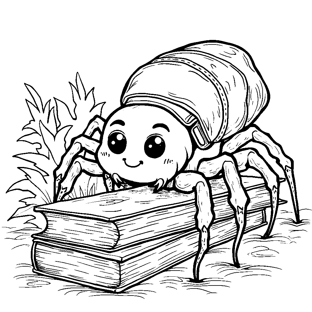 A spider with a backpack going to school, surrounded by books