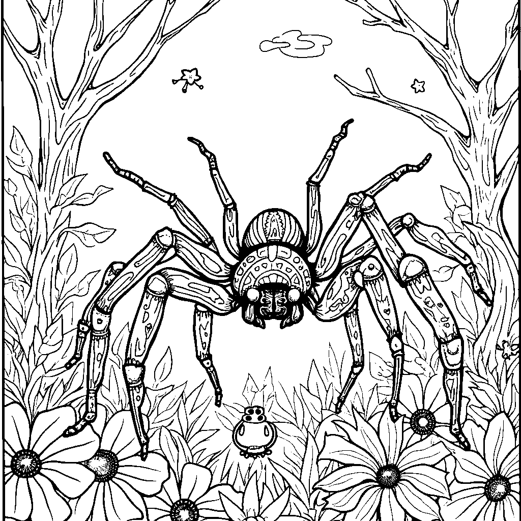 A spider with rainbow-colored legs exploring a magical garden