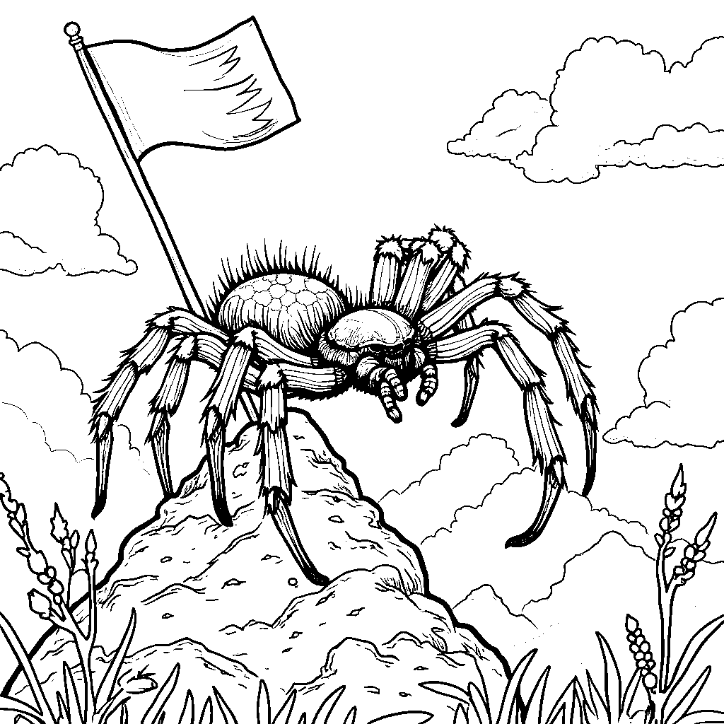 An adventurous spider climbing a mountain with a flag at the top