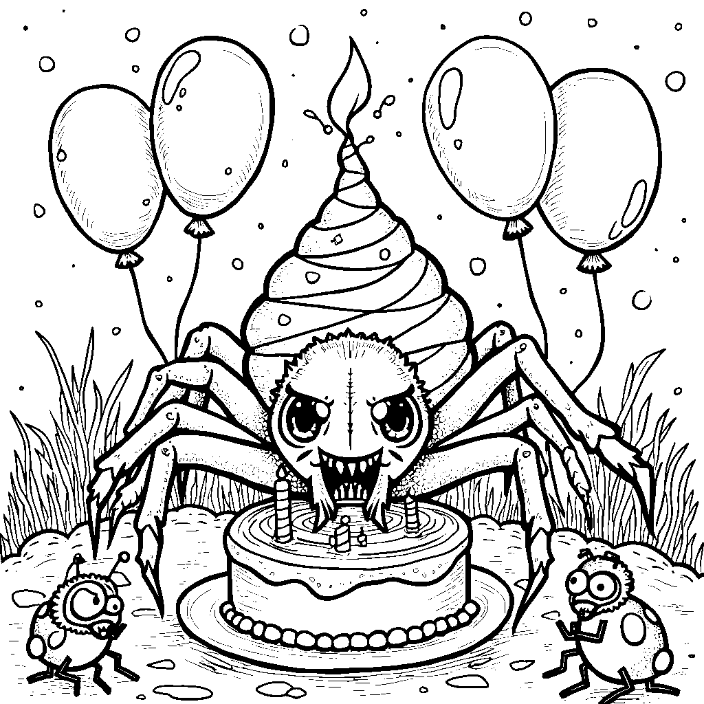 A spider having a birthday party with cake and balloons