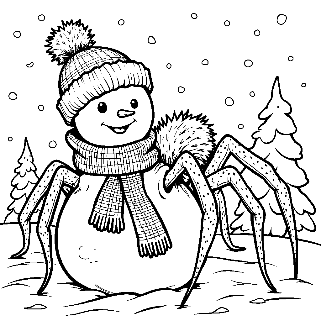 A spider in a cozy scarf and hat, building a snowman in winter