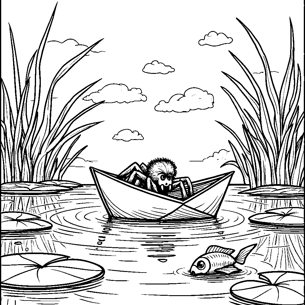 A spider sailing a little paper boat on a pond