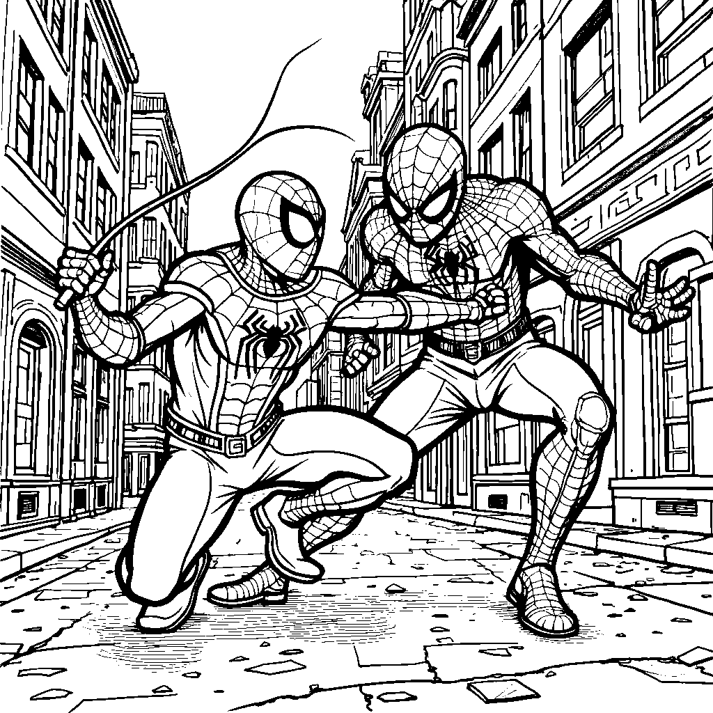 Spiderman fighting the Green Goblin in a city street