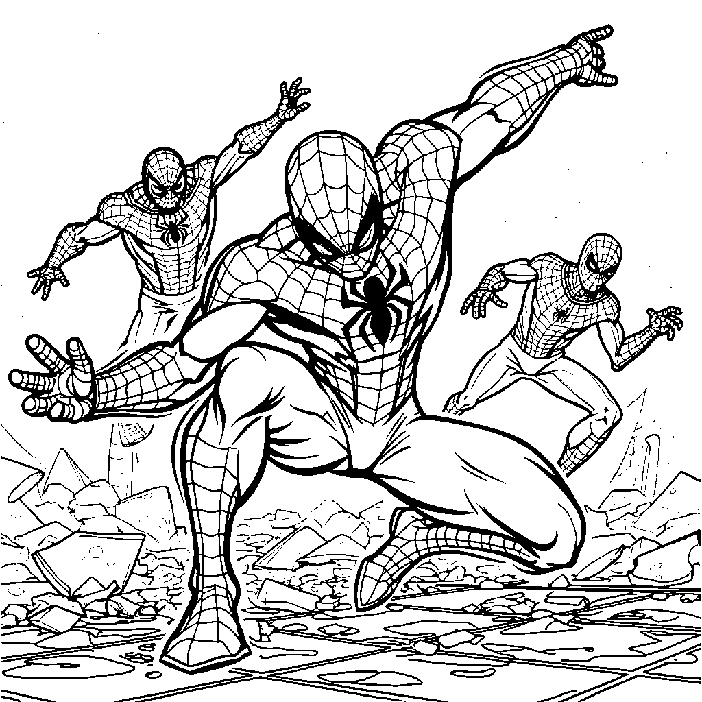 Spiderman fighting the Sinister Six in an epic battle