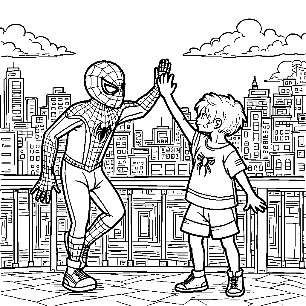 Spiderman giving a high-five to a happy kid