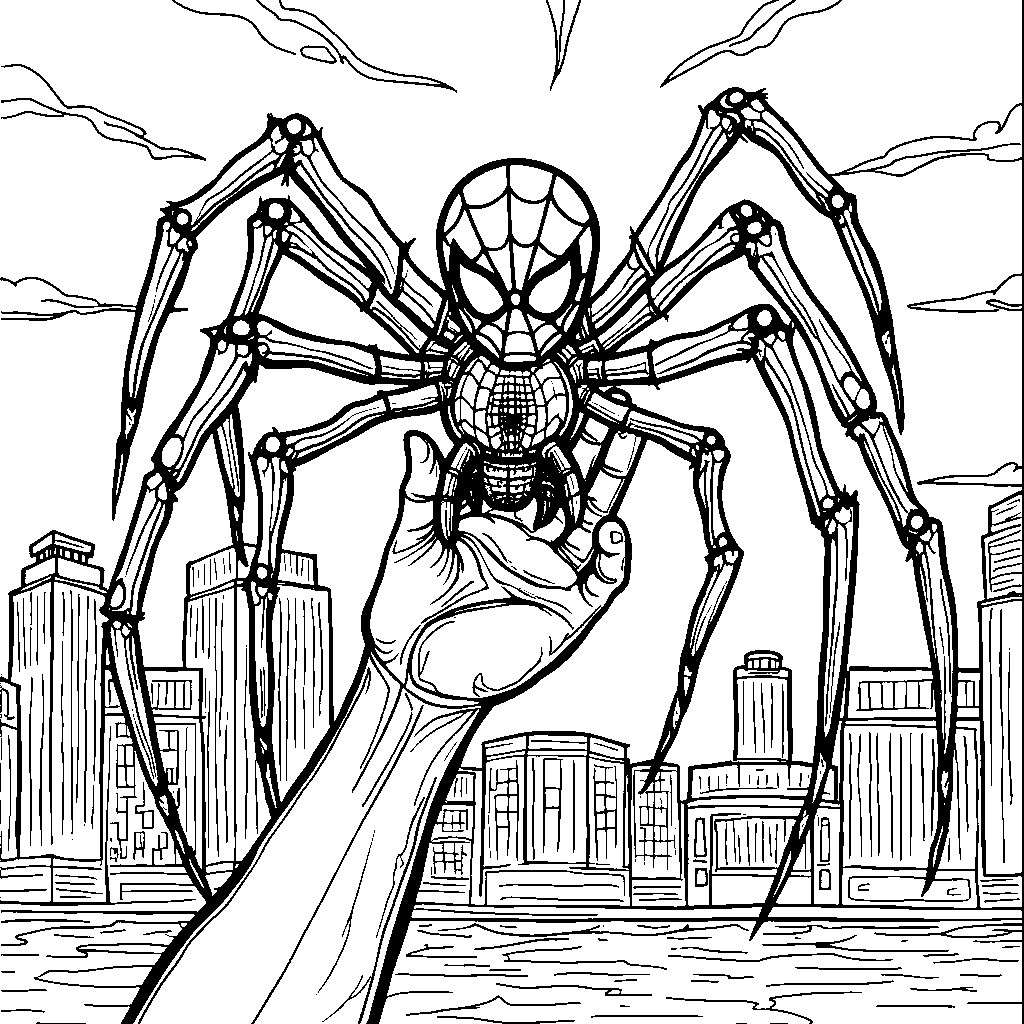 Spiderman's hands holding a giant spider