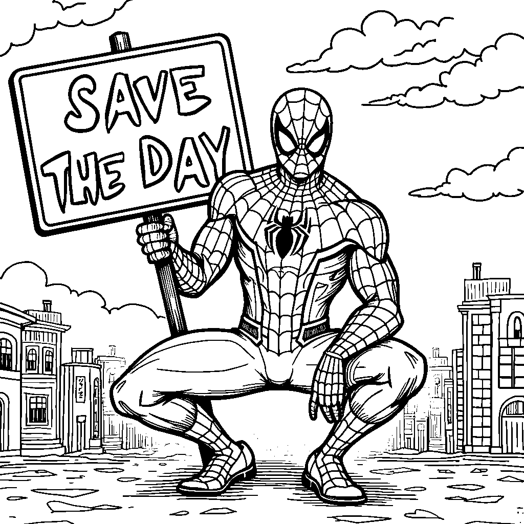 Spiderman holding a 'Save the Day' sign