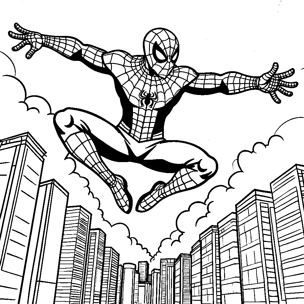 Spiderman jumping over a row of city skyscrapers