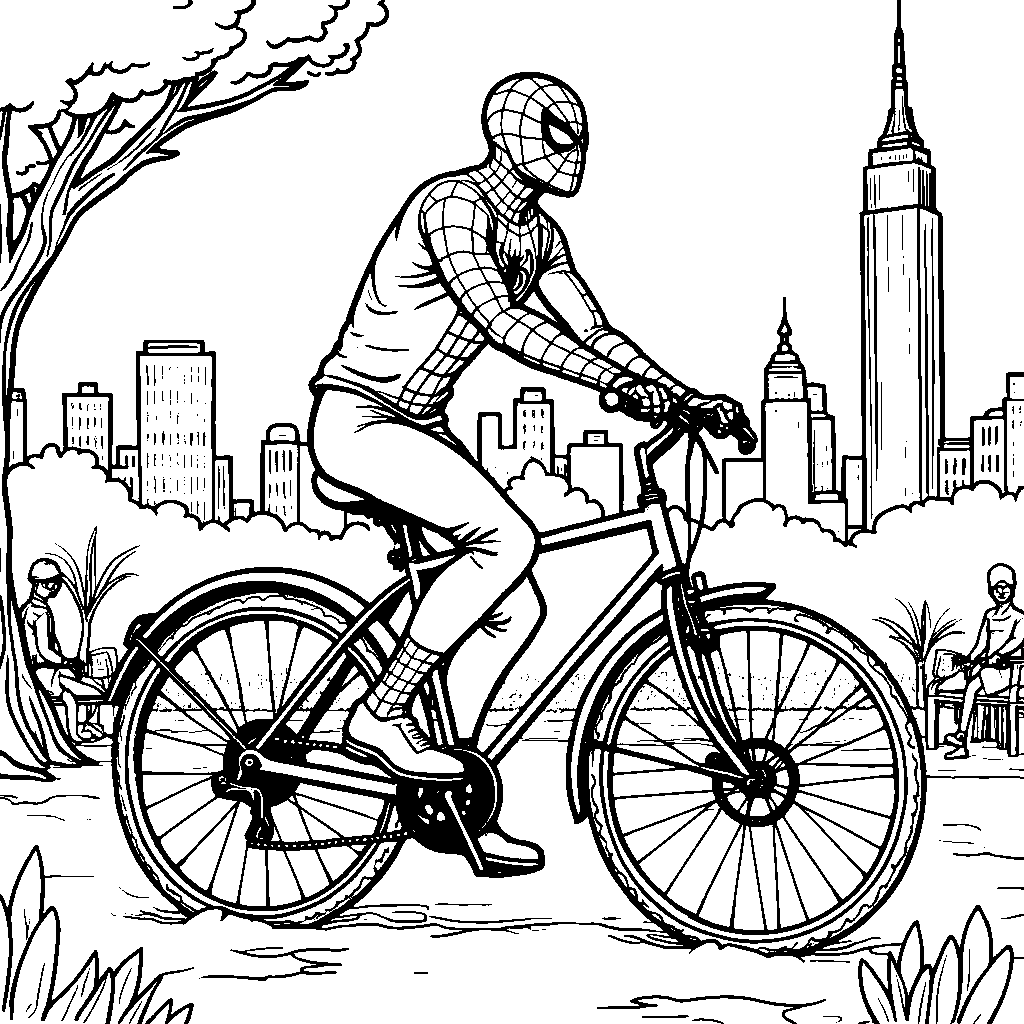 Spiderman riding a bicycle through Central Park