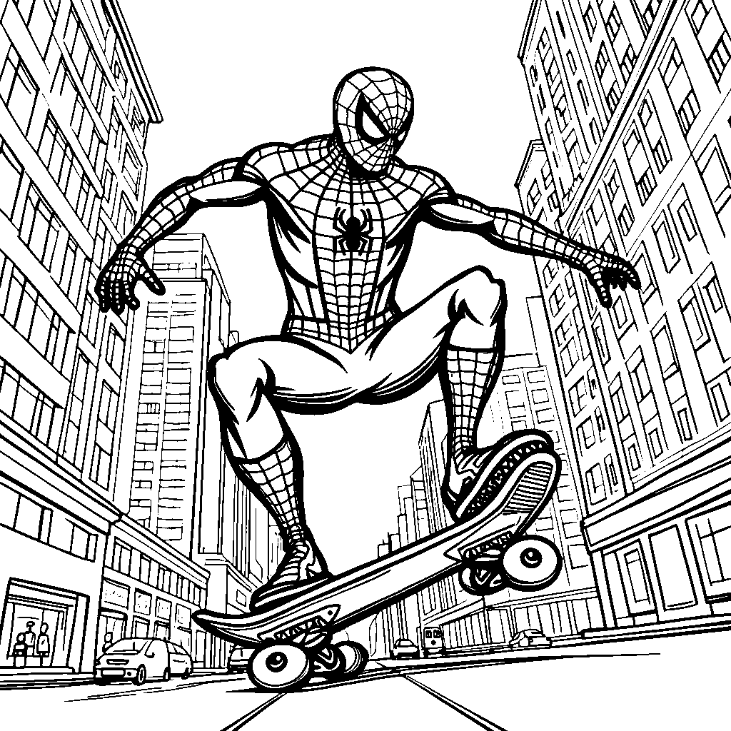 Spiderman riding a skateboard through the city