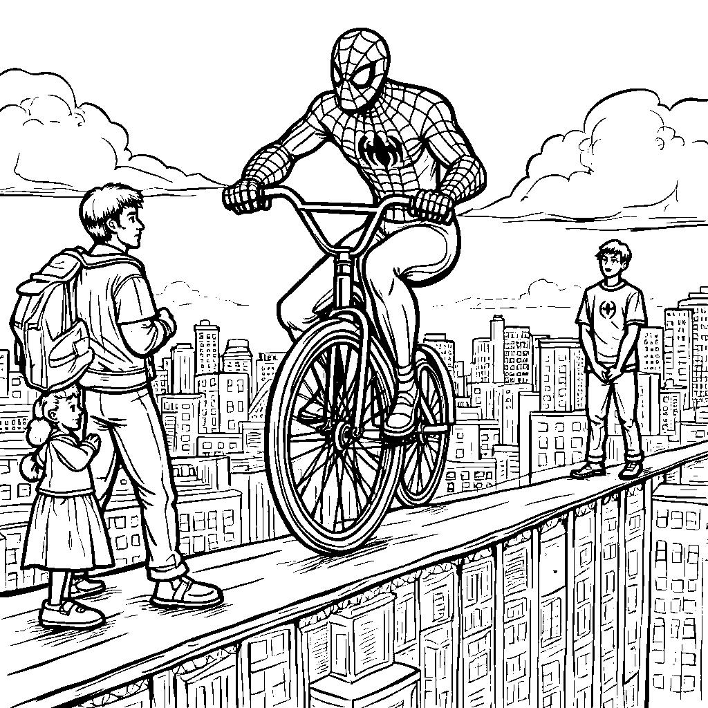 Spiderman riding a unicycle on a tightrope