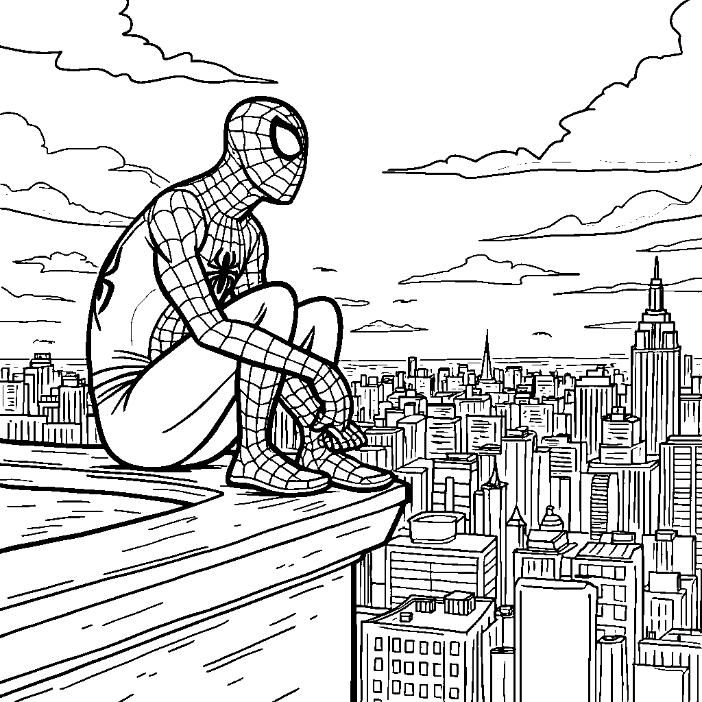 Spiderman sitting on a rooftop, looking out over the city