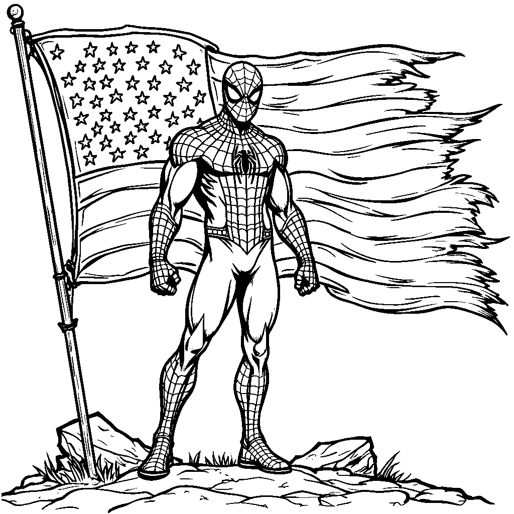 Spiderman standing in front of a giant American flag