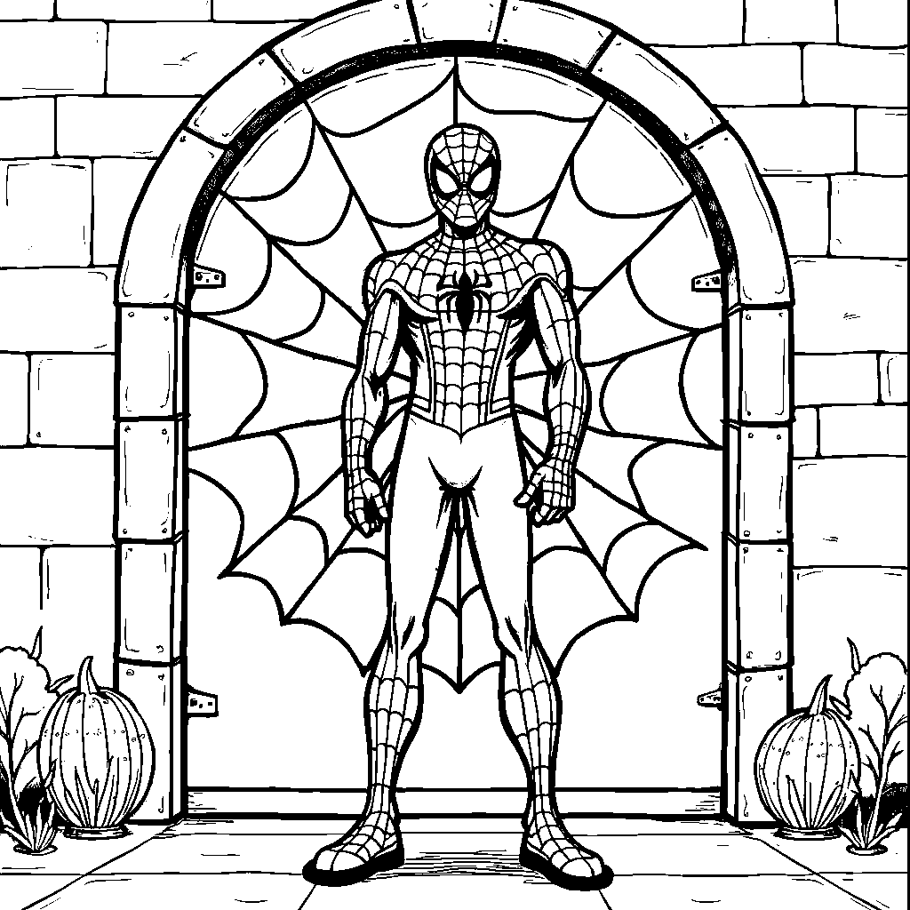 Spiderman standing in front of a giant spider web door