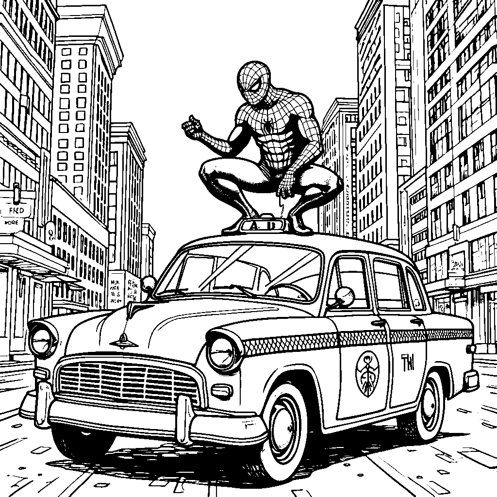 Spiderman standing on top of a moving taxi cab