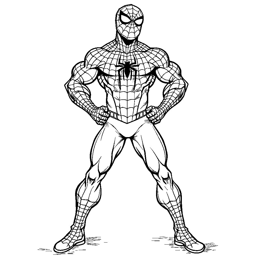 Spiderman's superhero pose with his fists on his hips