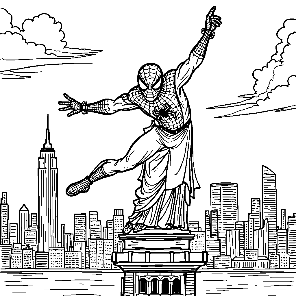 Spiderman swinging from the Statue of Liberty