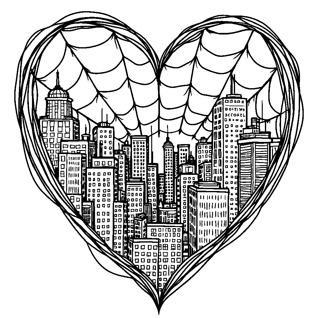 Spiderman's webs forming a heart shape around a city block