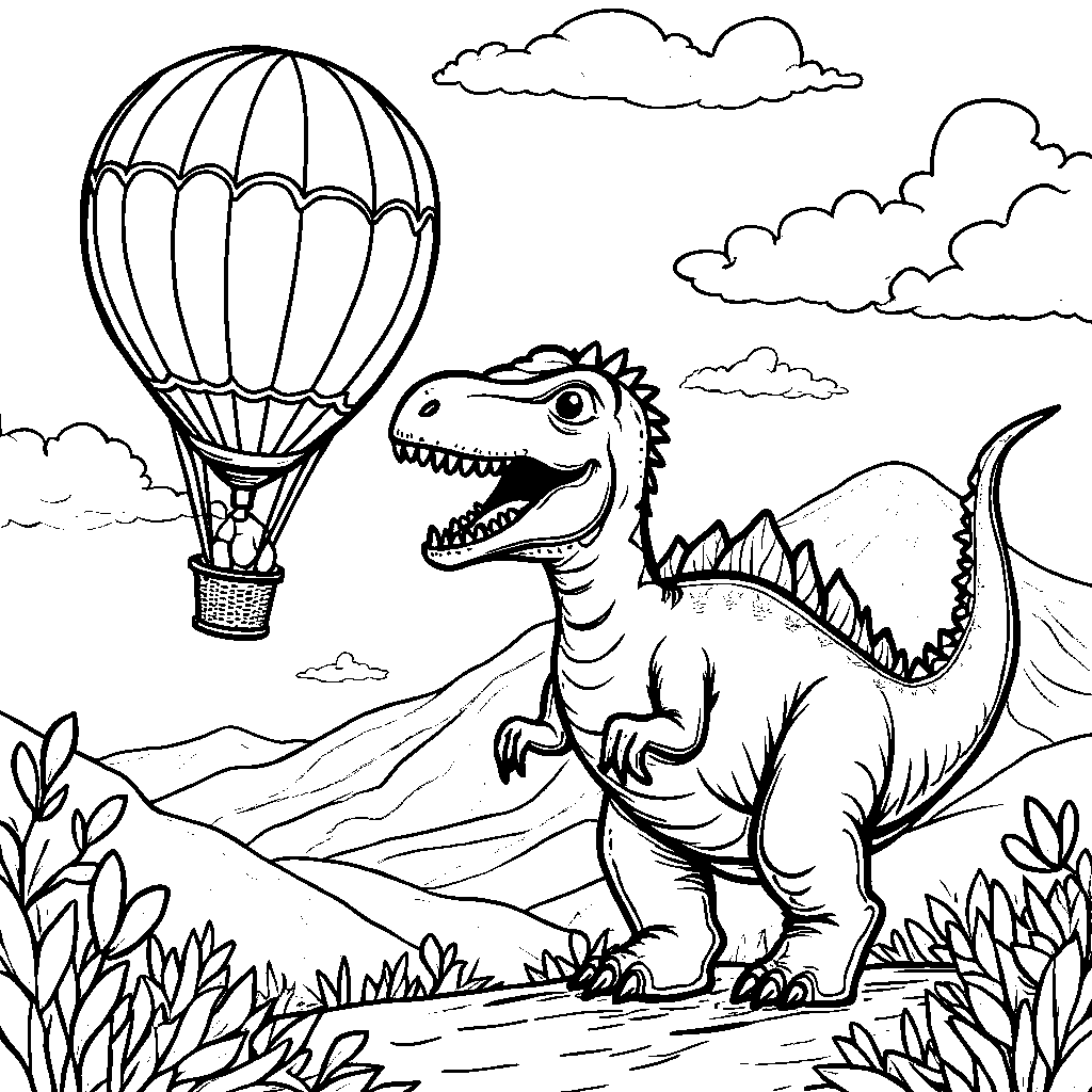 Spinosaurus and a friend launching a hot air balloon