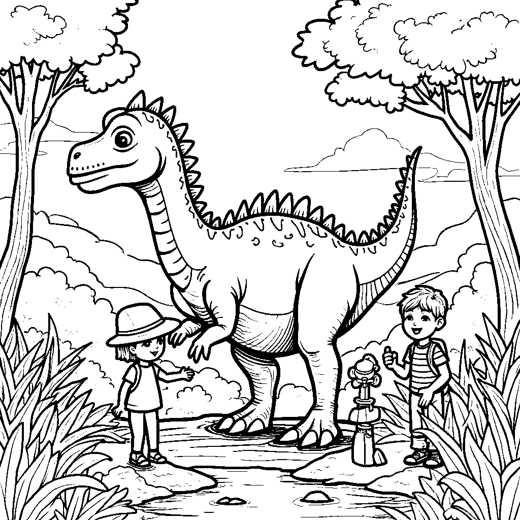 Spinosaurus and a group of children exploring the park