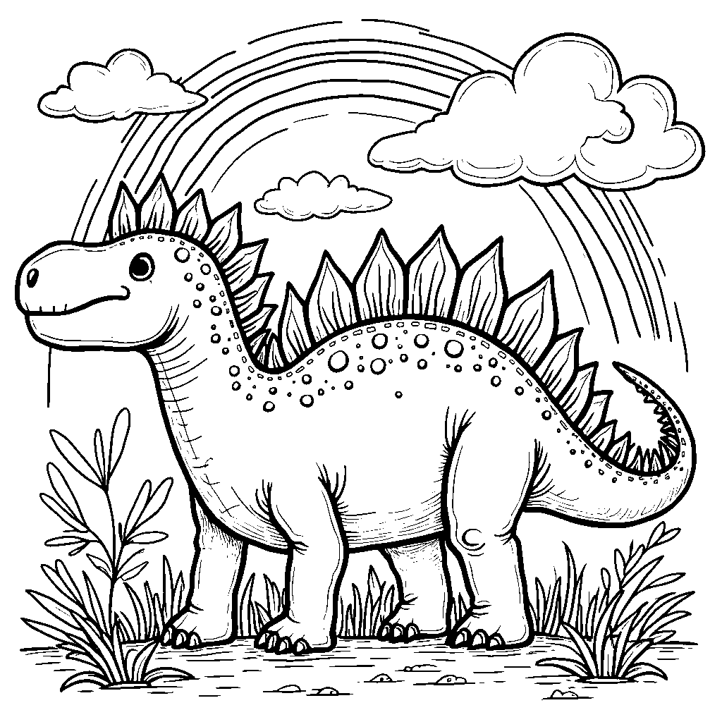 Spinosaurus and a rainbow-colored cloud in a whimsical background