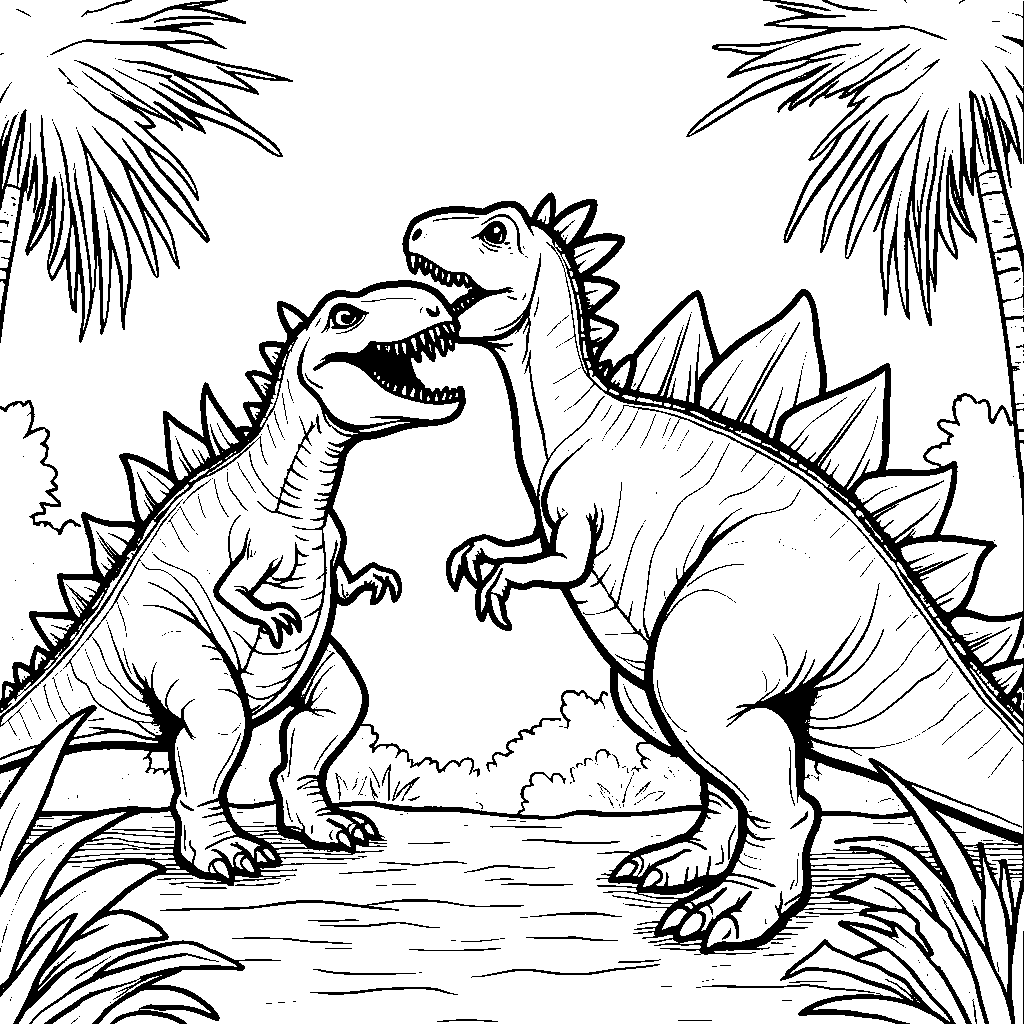 Spinosaurus and a Stegosaurus having a standoff