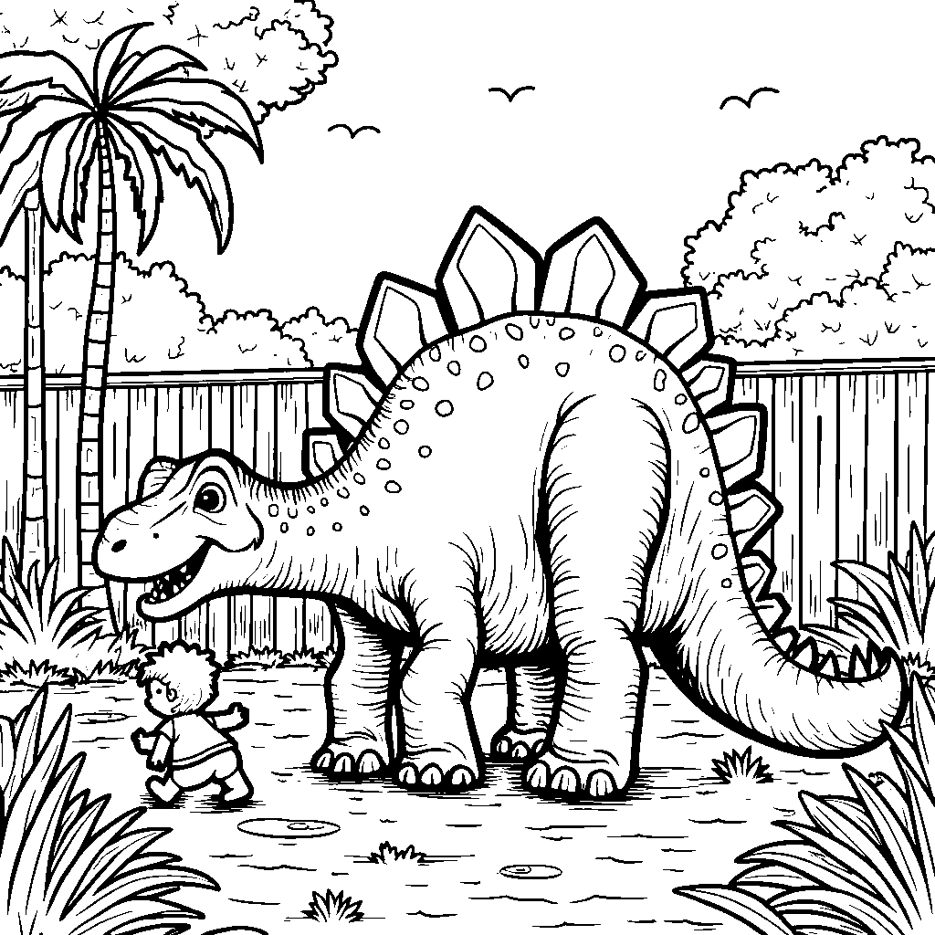 Spinosaurus as a friendly giant in a child's backyard