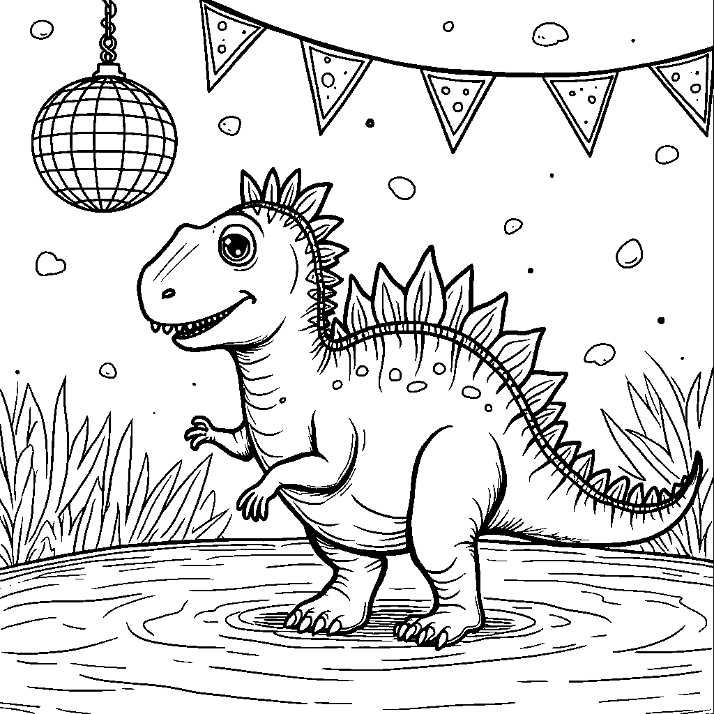 Spinosaurus at a dance party with disco lights