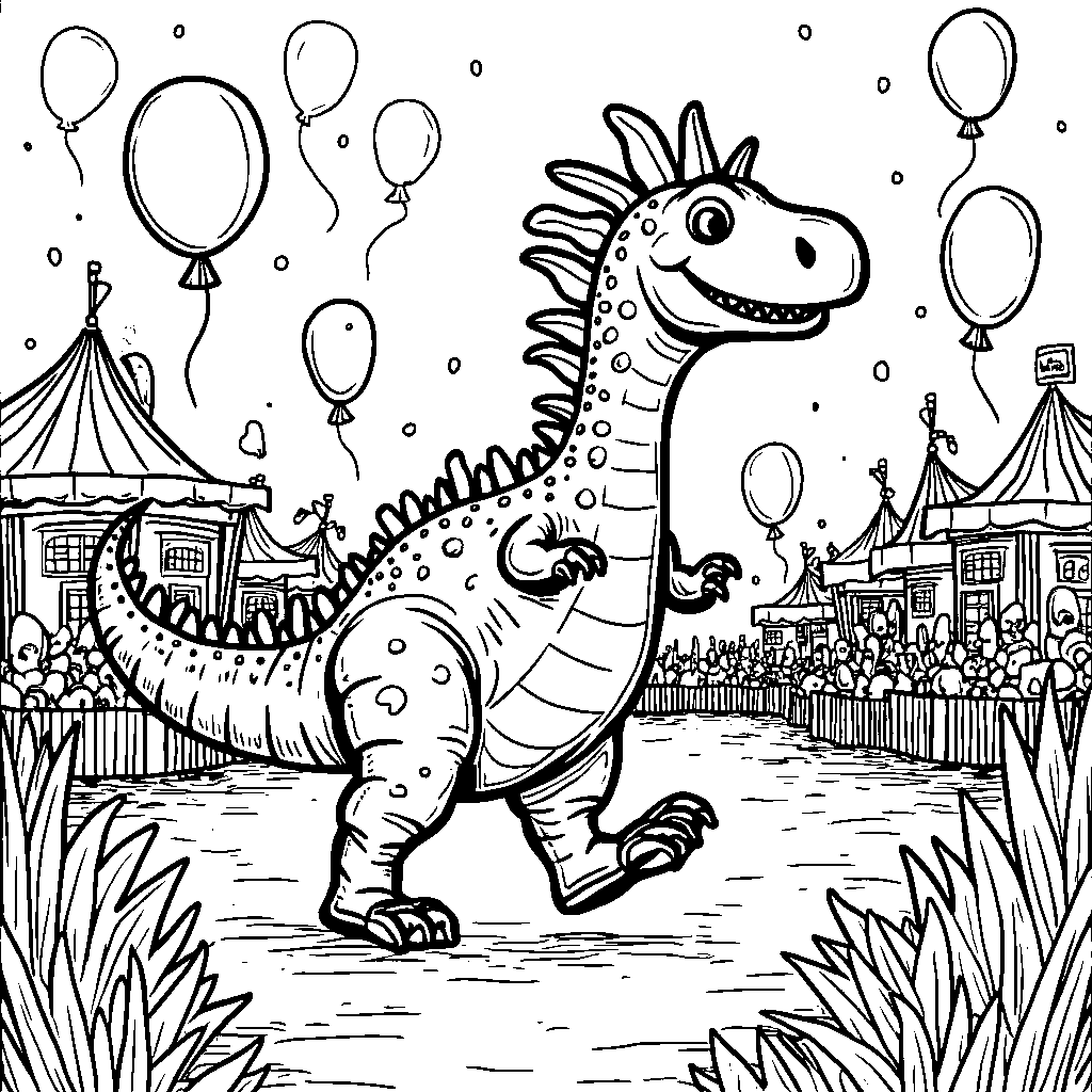 Spinosaurus dancing in a carnival with balloons