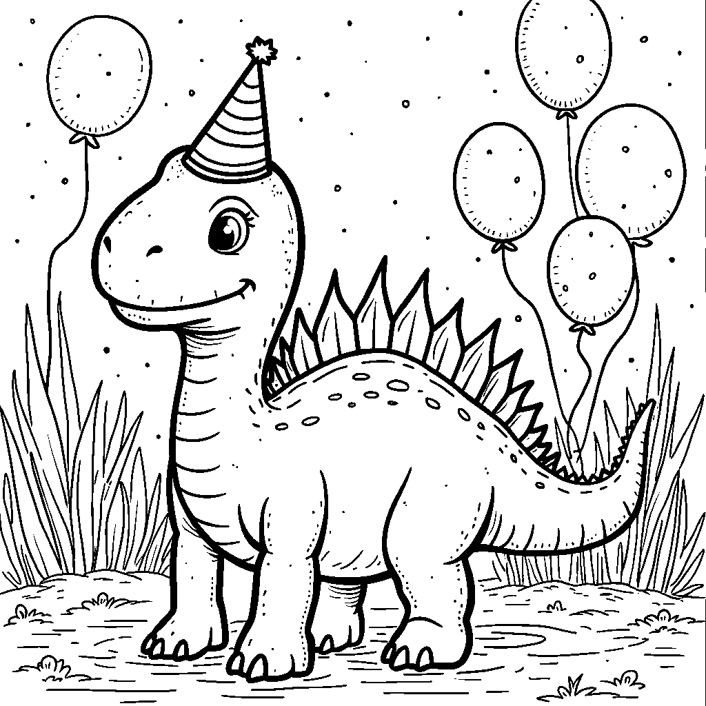 Spinosaurus dressed up in a party hat celebrating a dino birthday