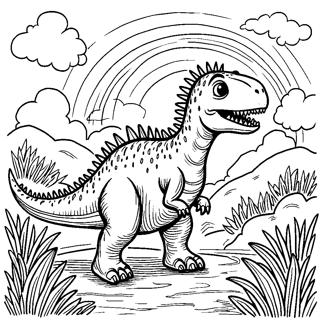 Spinosaurus enjoying a bright sunny day with a rainbow