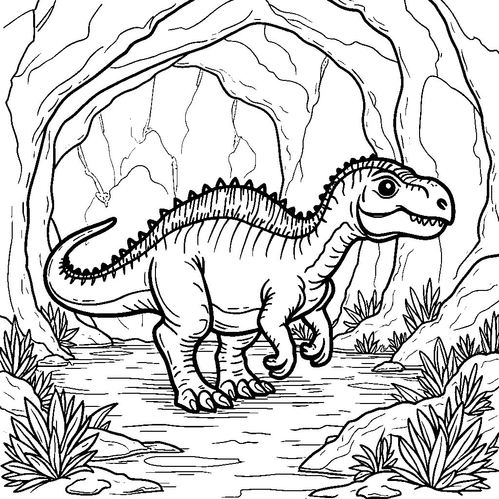 Spinosaurus exploring a mysterious cave filled with drawings