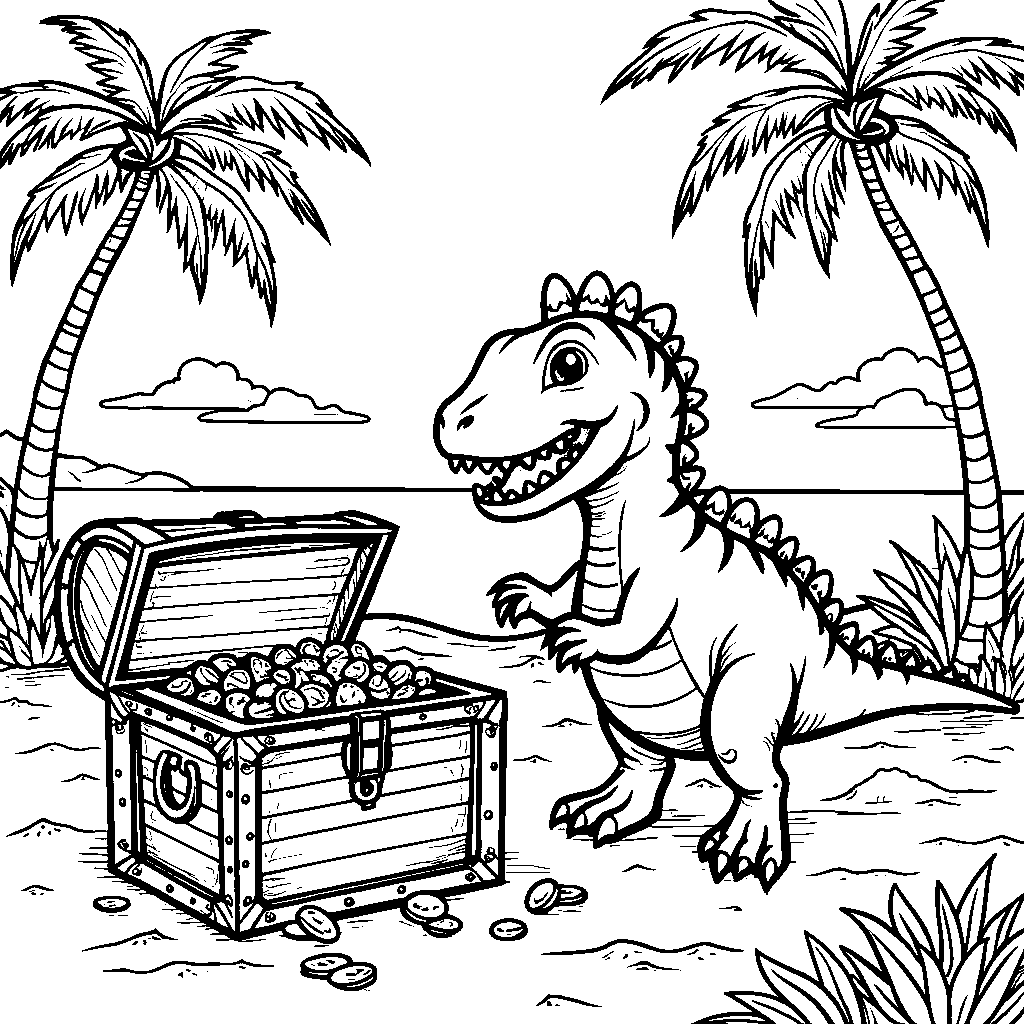 Spinosaurus exploring a treasure chest on a desert island