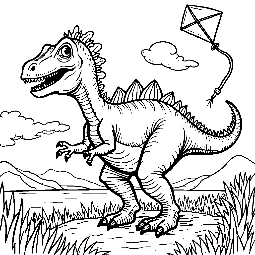 Spinosaurus flying a kite in a gentle breeze