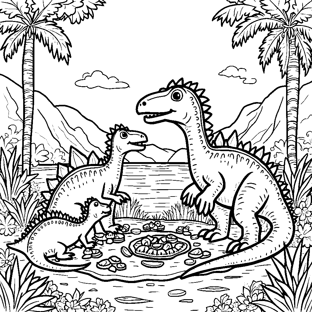 Spinosaurus having a picnic with other dinosaurs