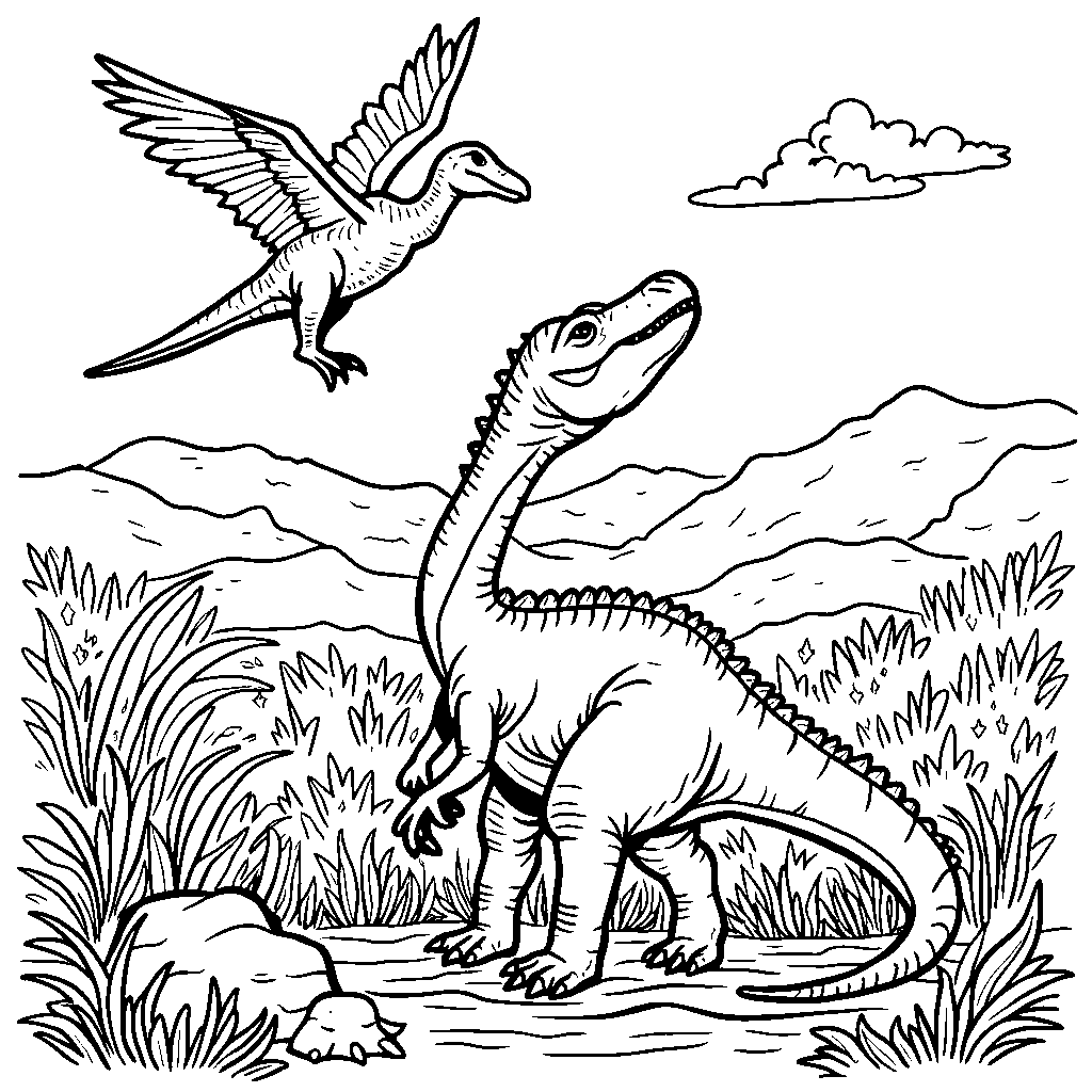 Spinosaurus interacting with a pterodactyl flying overhead