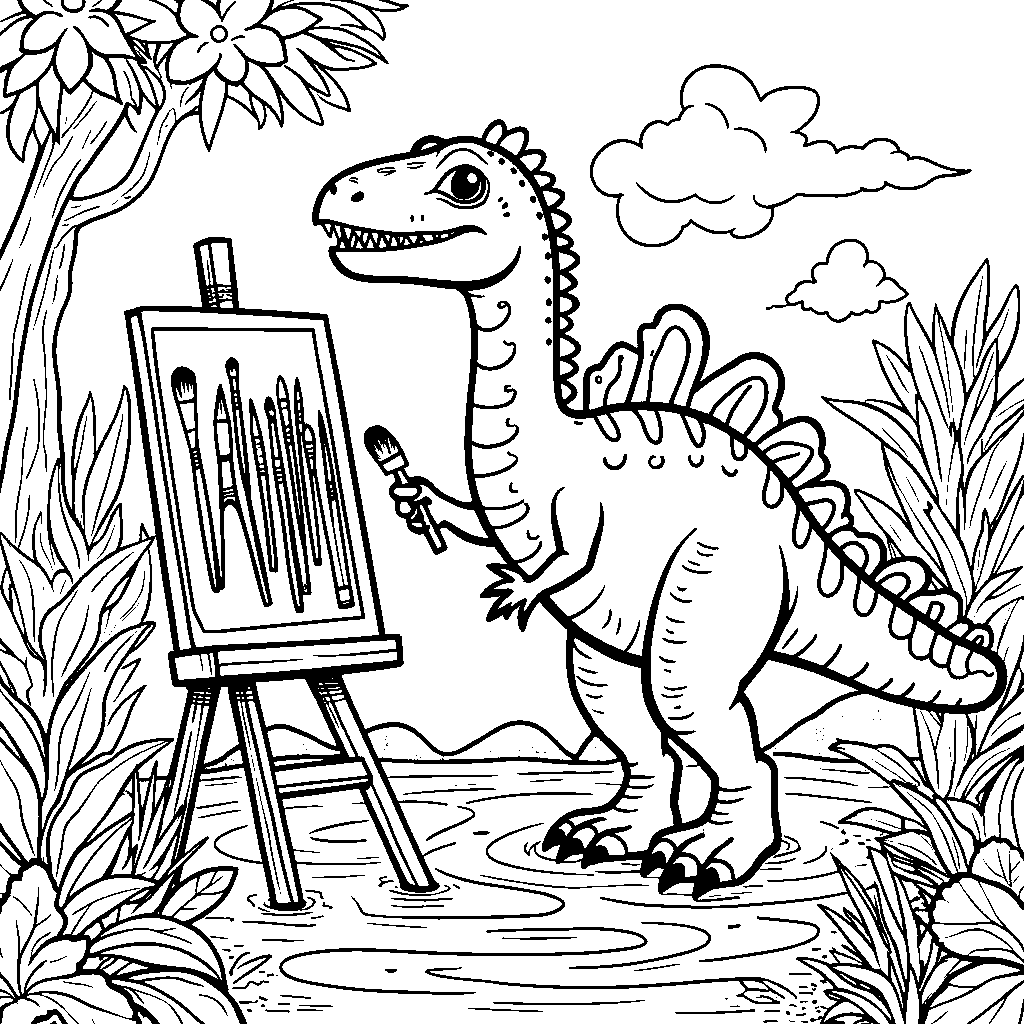 Spinosaurus painting with colorful brushes beside a river