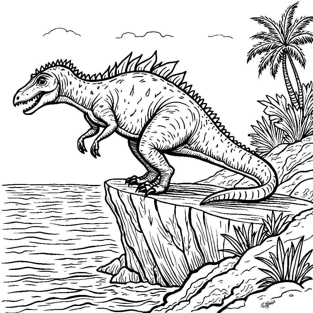 Spinosaurus perched on a rocky cliff overlooking the ocean