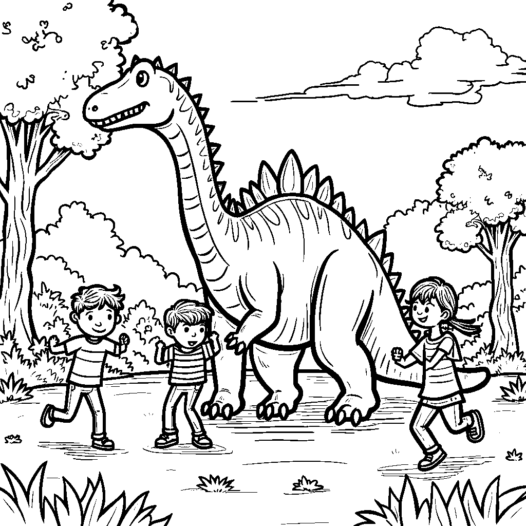 Spinosaurus playing games with kids in a park