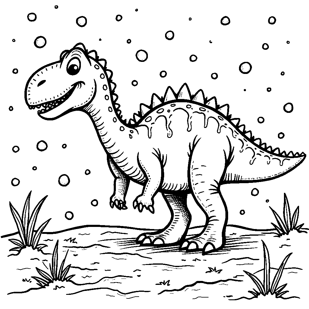 Spinosaurus playing in the snow, making a snow dinosaur