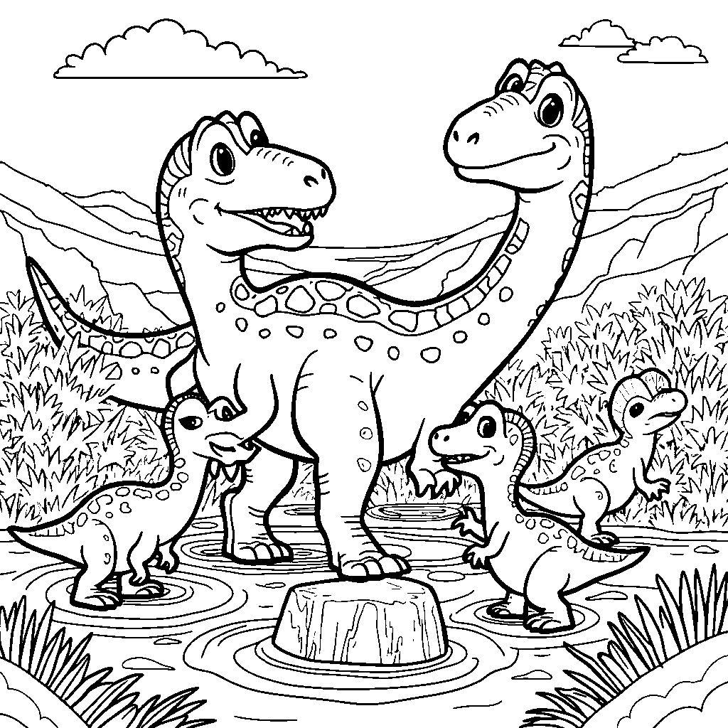 Spinosaurus playing with baby dinosaurs