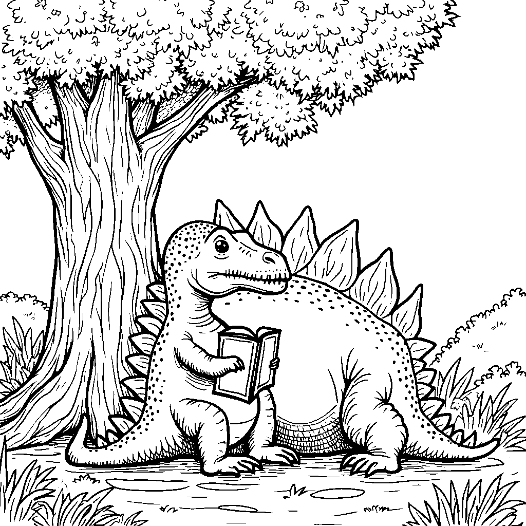 Spinosaurus reading a storybook under a large tree