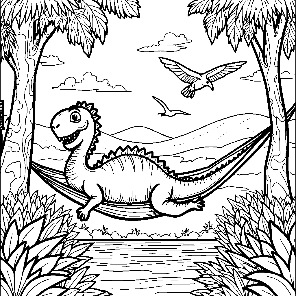 Spinosaurus relaxing in a cozy dinosaur hammock