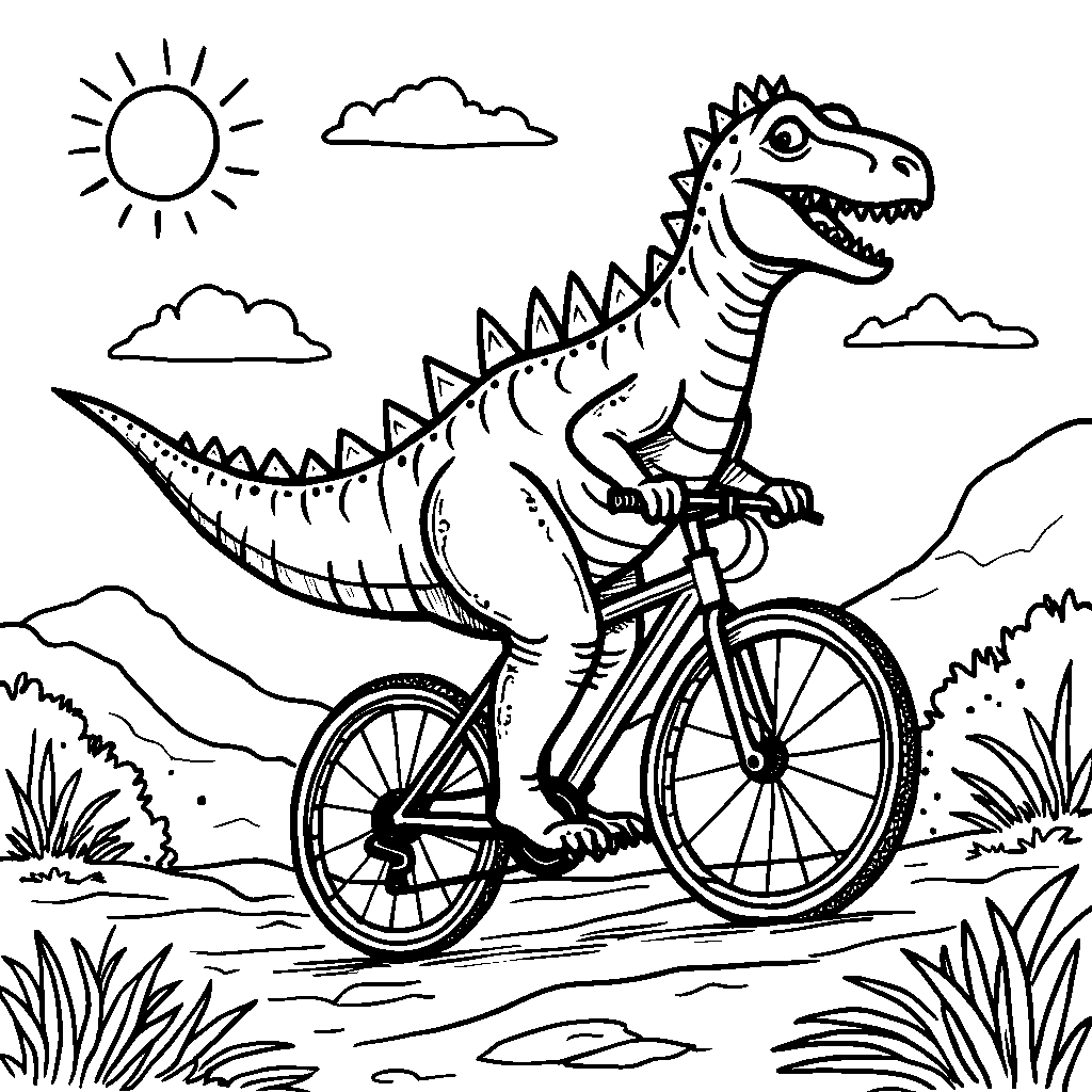 Spinosaurus riding a bicycle down a sunny hill