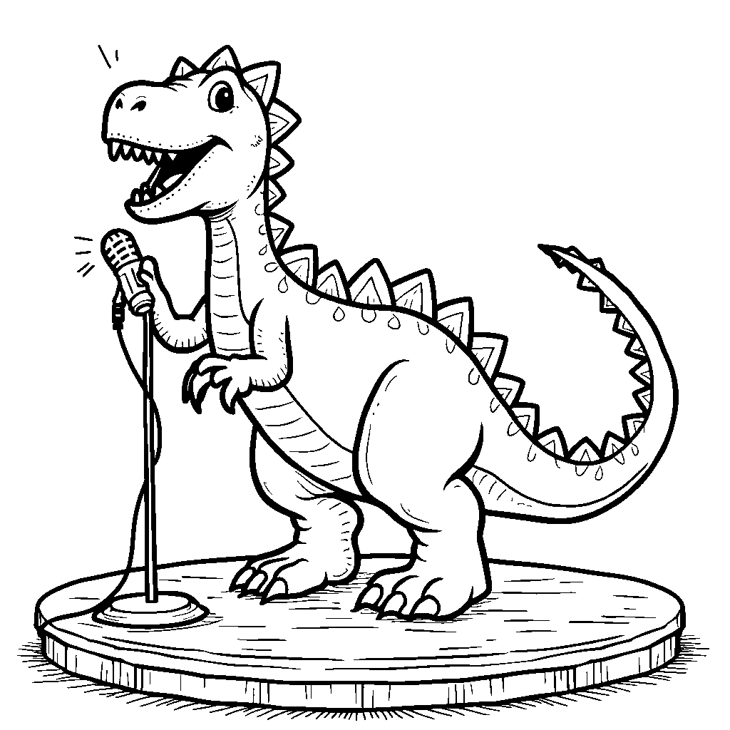 Spinosaurus singing karaoke with a microphone