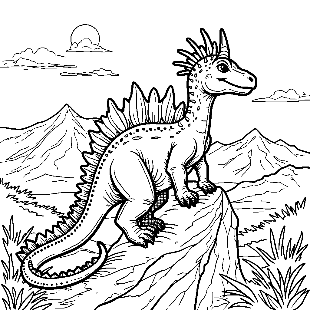 Spinosaurus sitting atop a mountain peak with a sunset