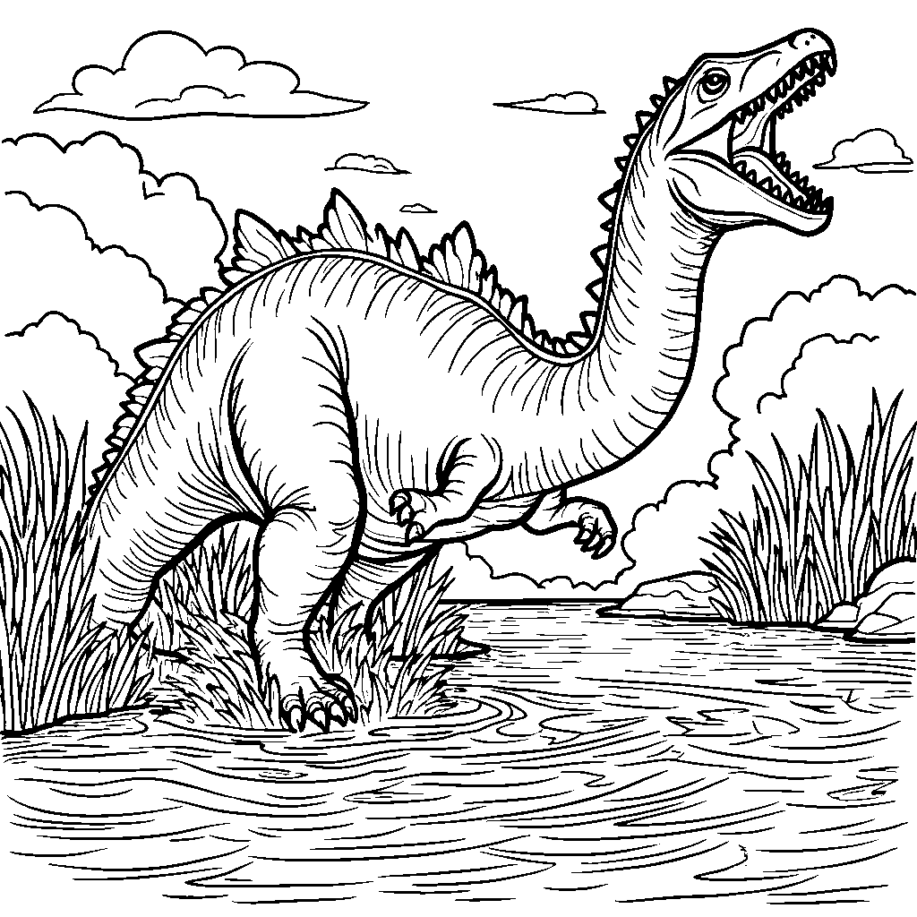 Spinosaurus splashing in a river while catching fish