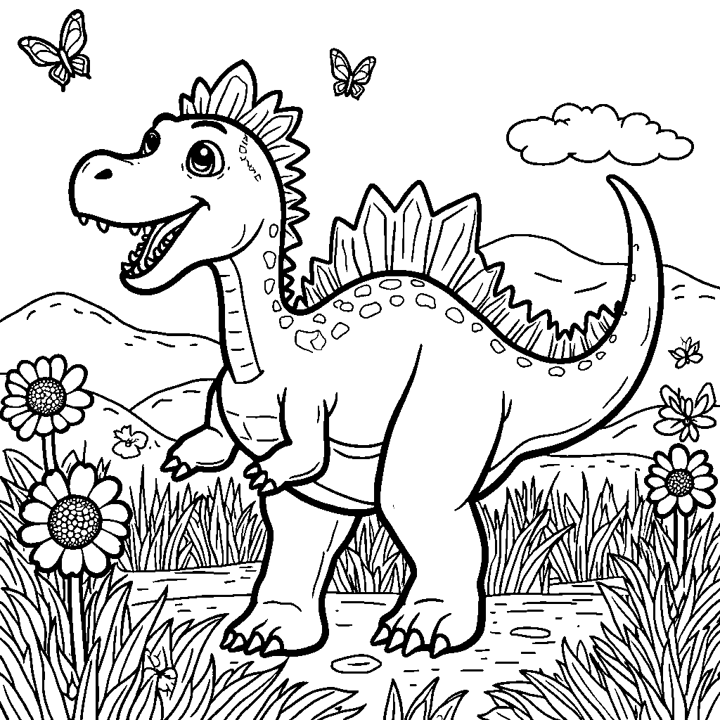 Spinosaurus stomping around happily in a flower field