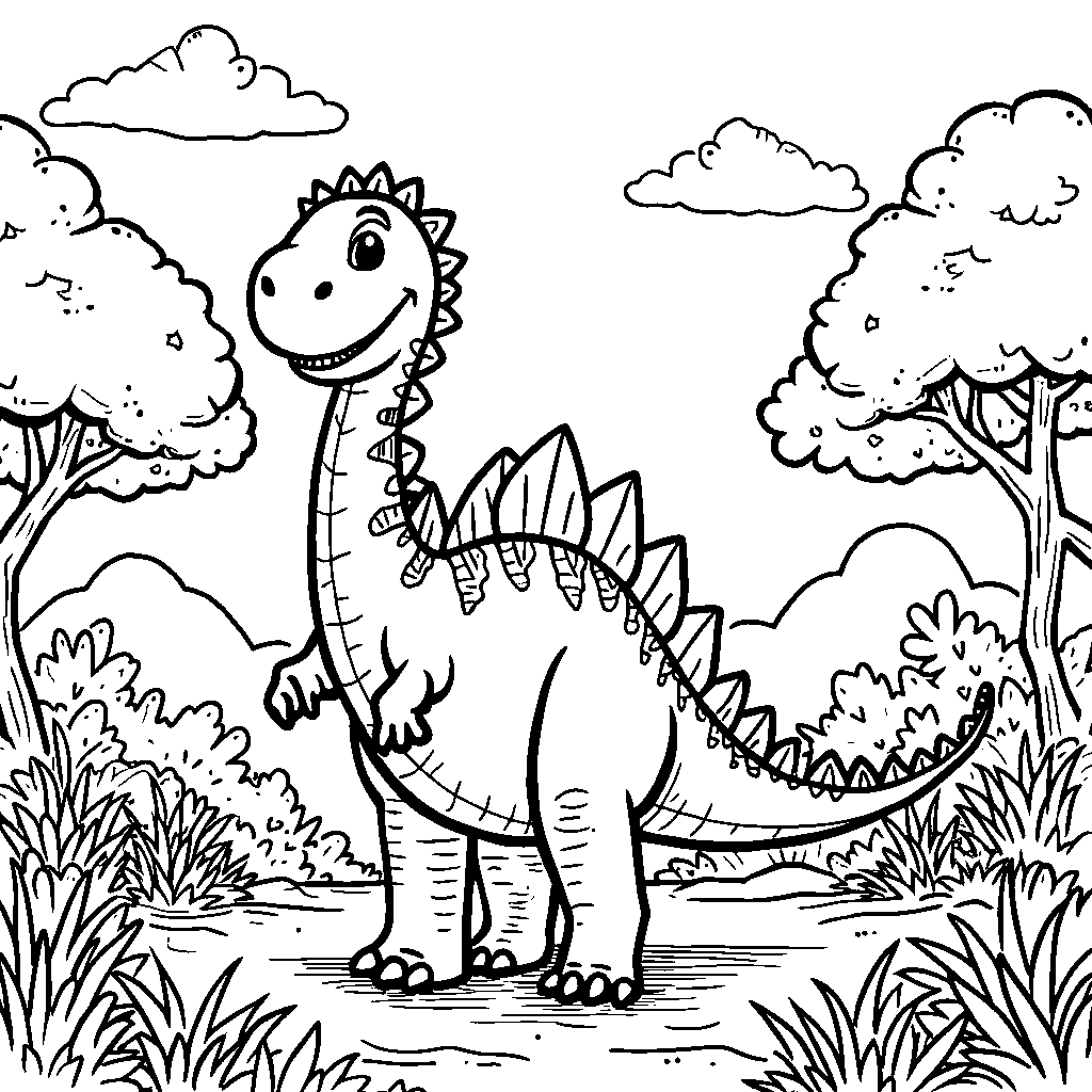 Spinosaurus surrounded by cartoon dinosaurs in a fun landscape